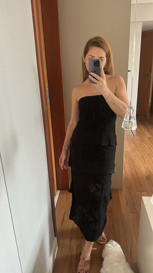 Vestido Babado Tricô Modal Preto